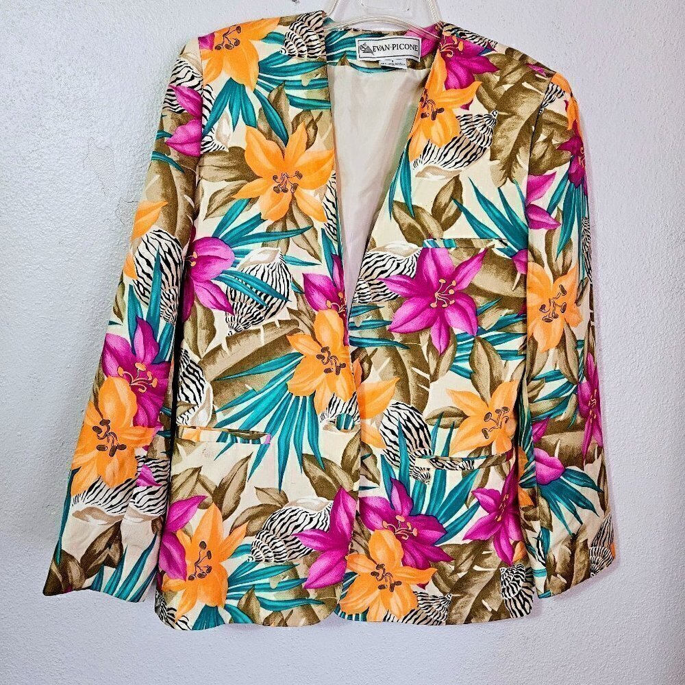 EVAN PICONE VINTAGE TROPICAL FLORAL PRINT WOMENS BLAZER SIZE 6